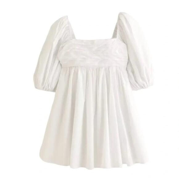 Abercrombie & Fitch Emerson Ruched Puff Sleeve Mini Dress White XSP - Picture 2 of 10